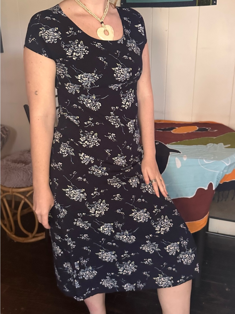 Vintage Blue Navy Blue and Hydrangea Cottagecore Midi Dress with Tie Detailing